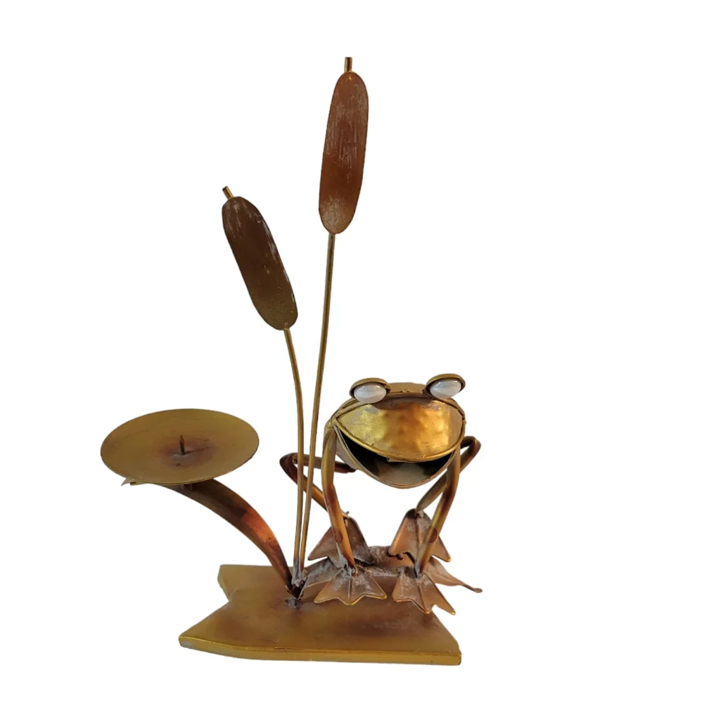 Copper Frog Candle Holder With Cattails Figurine